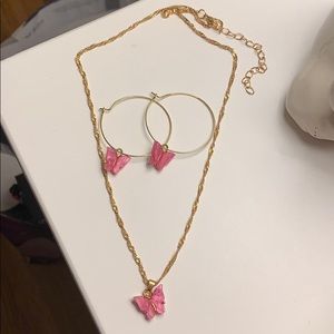Rose butterfly necklace and hoop earring set